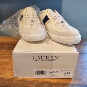 Lauren Ralph Lauren Womens Braylee Leather Sneakers White Navy Blue Stripe 8 B